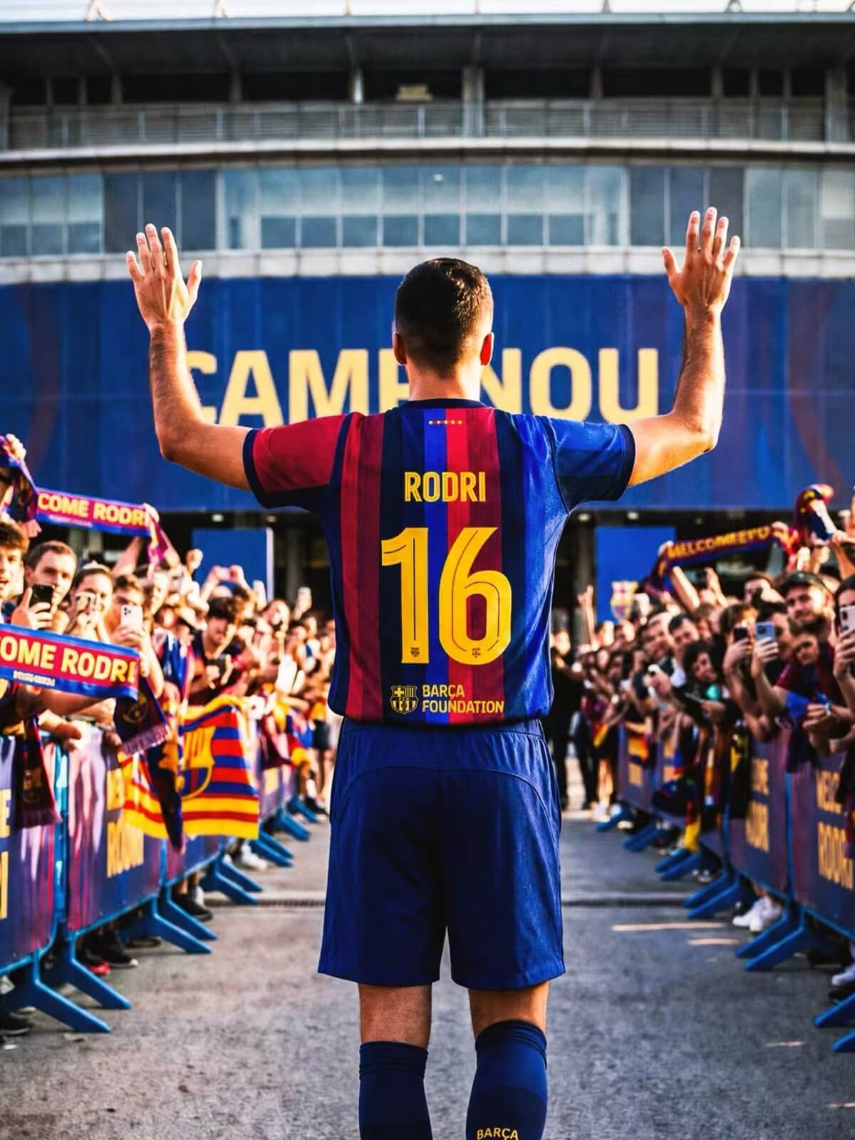Rodri se quitó la camiseta del Manchester City y recibió la del Barcelona con el número 16.